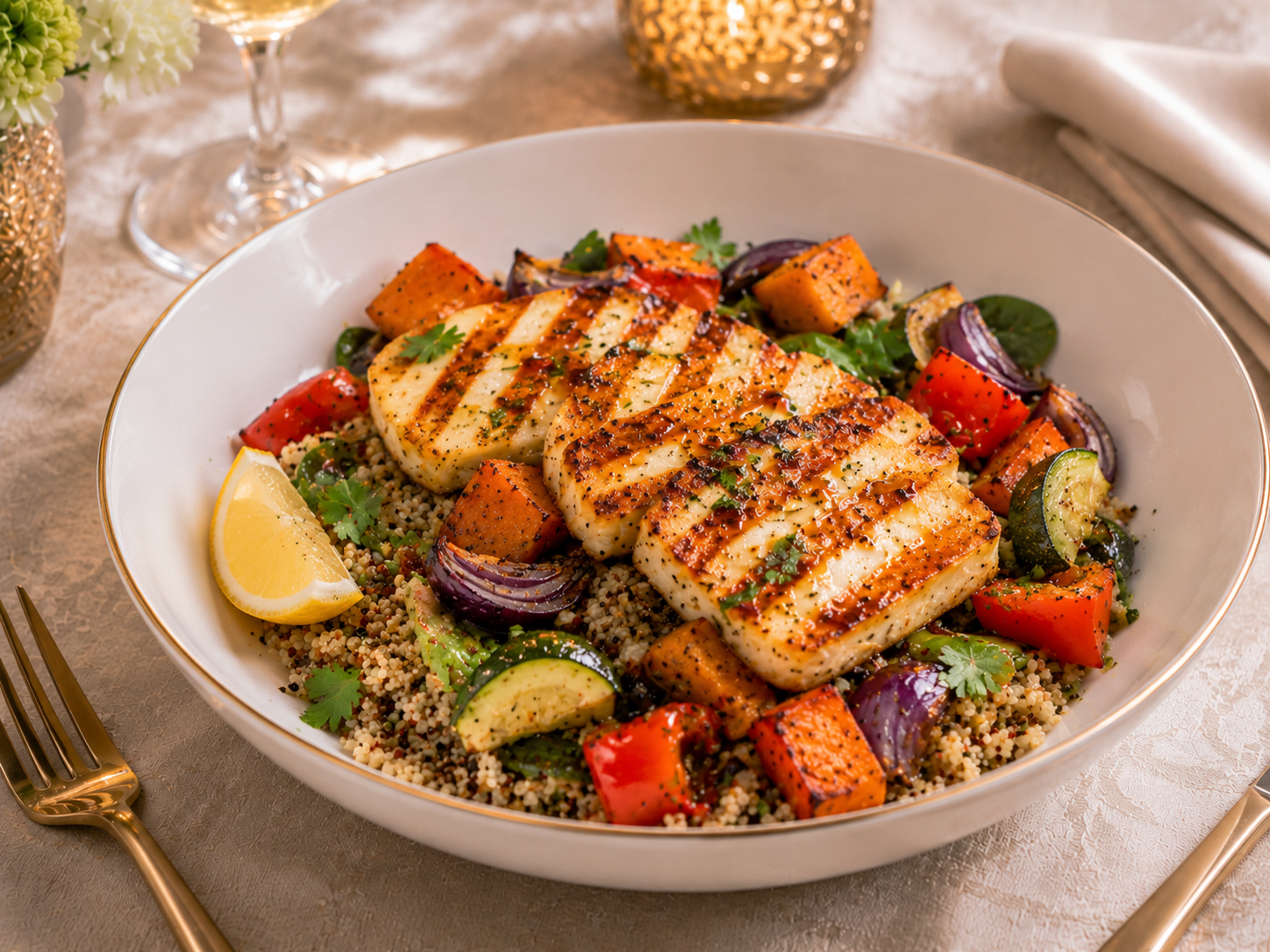 Grilled Halloumi & Roasted Veg Bowl with Quinoa