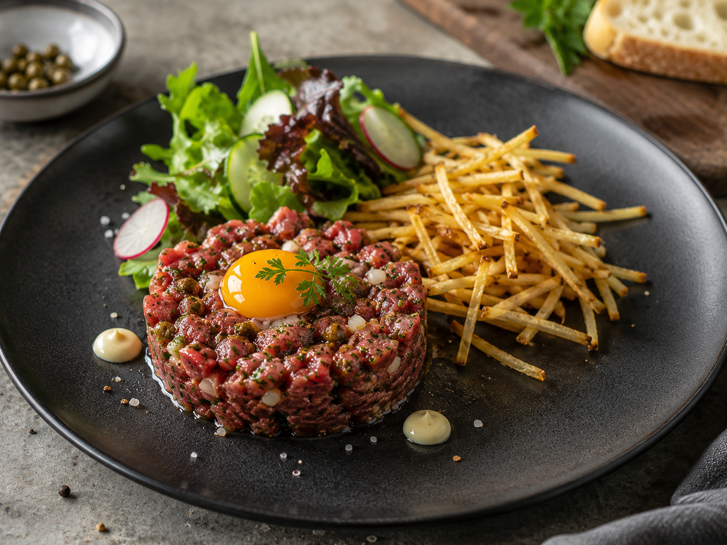 Steak Tartare (Lighter) with Shoestring Oven Chips & Mixed Greens