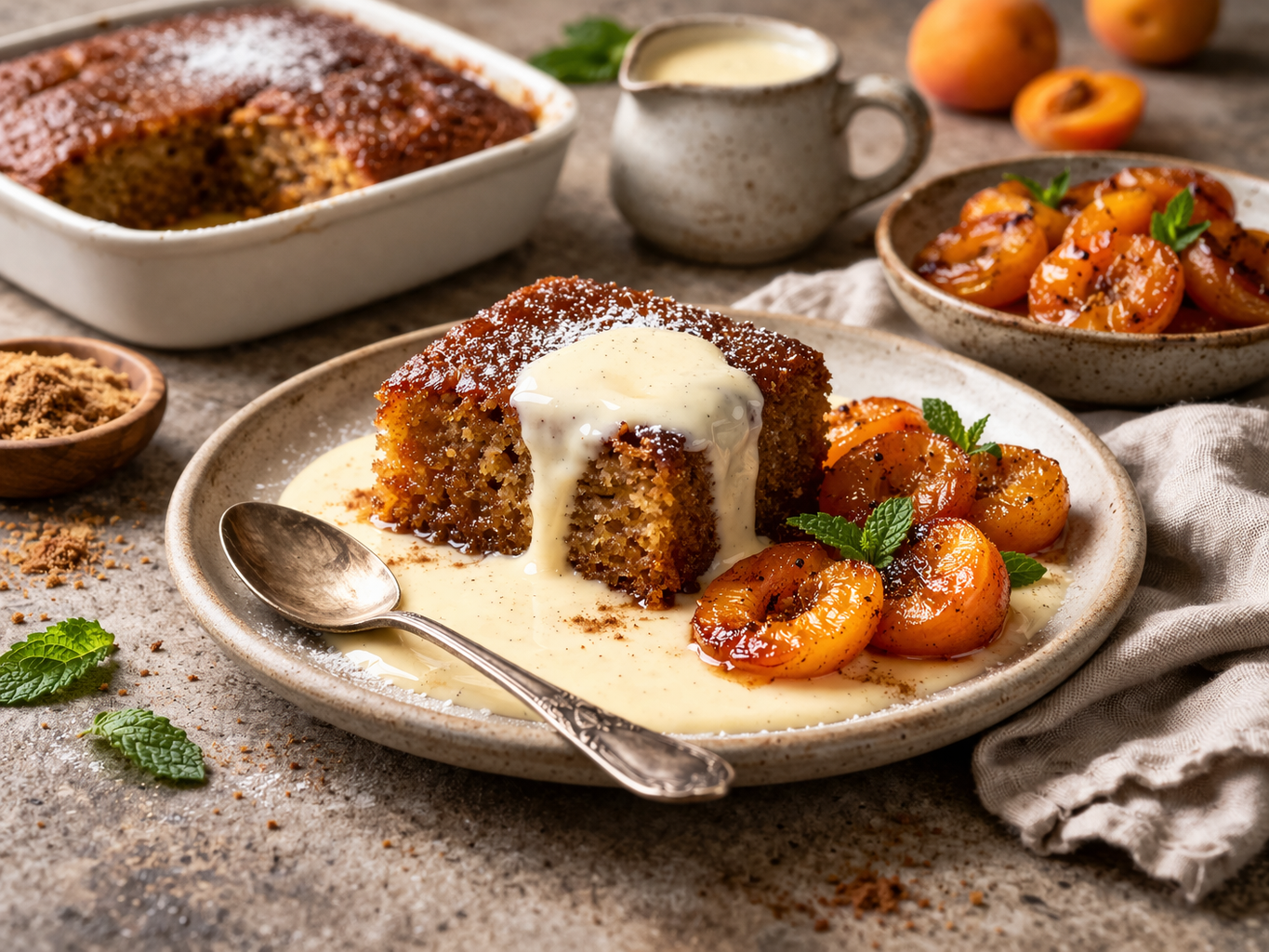 Malva Pudding with Cape Brandy–Vanilla Anglaise and Roasted Apricots