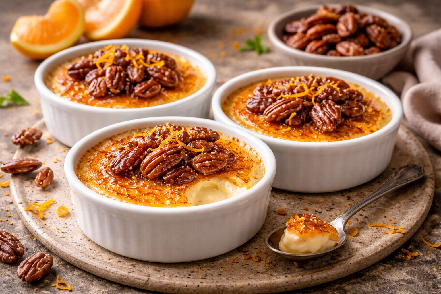 Crème Brûlée with Naartjie Zest and Candied Pecans