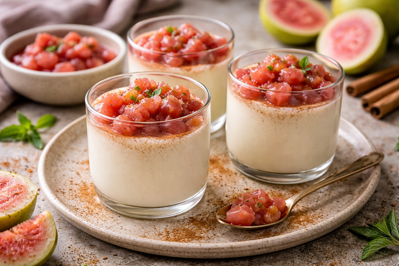 Milk Tart Panna Cotta with Cinnamon Dust and Guava Compote