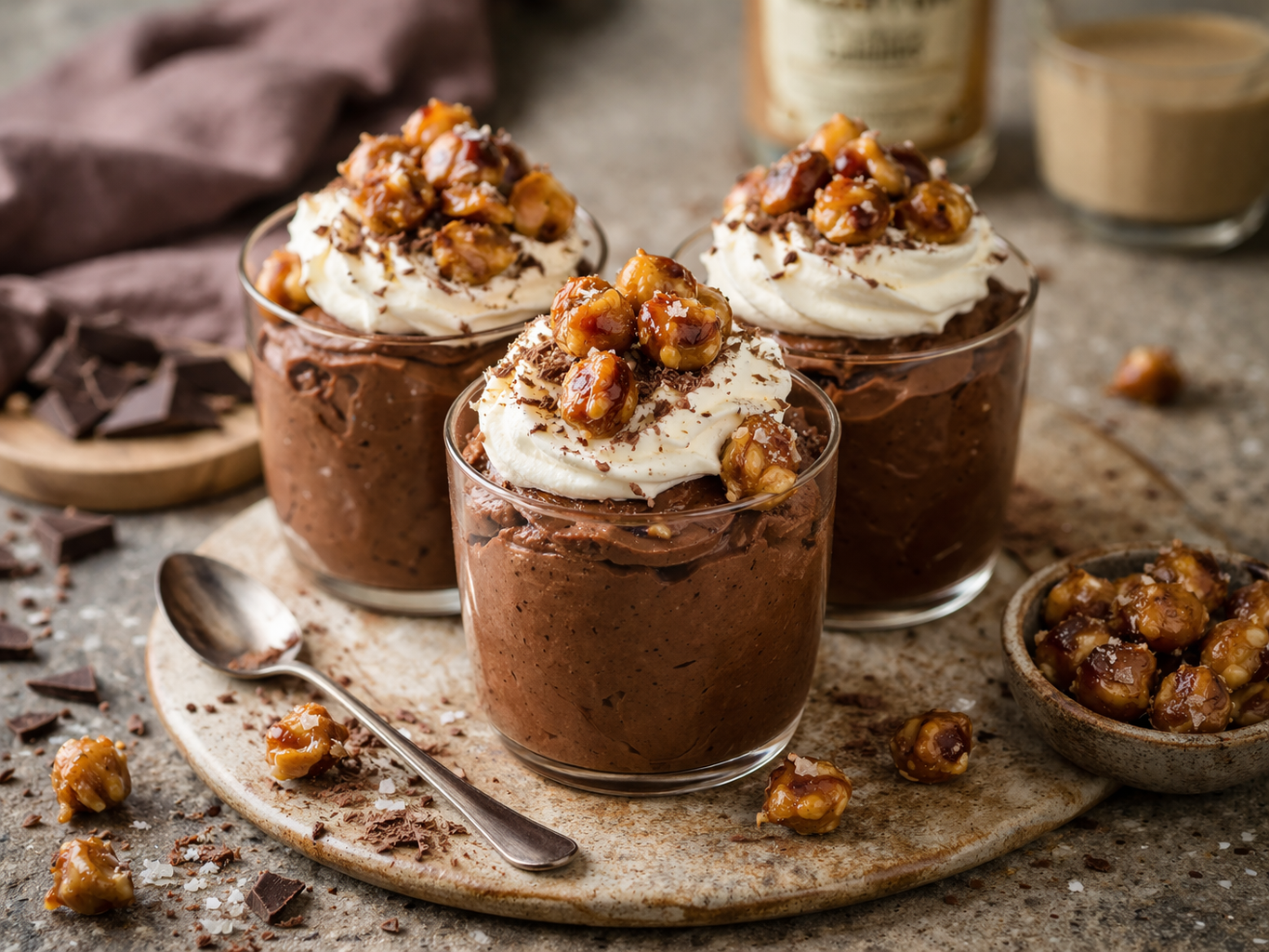 Dark Chocolate and Amarula Mousse with Salted Caramelised Macadamias