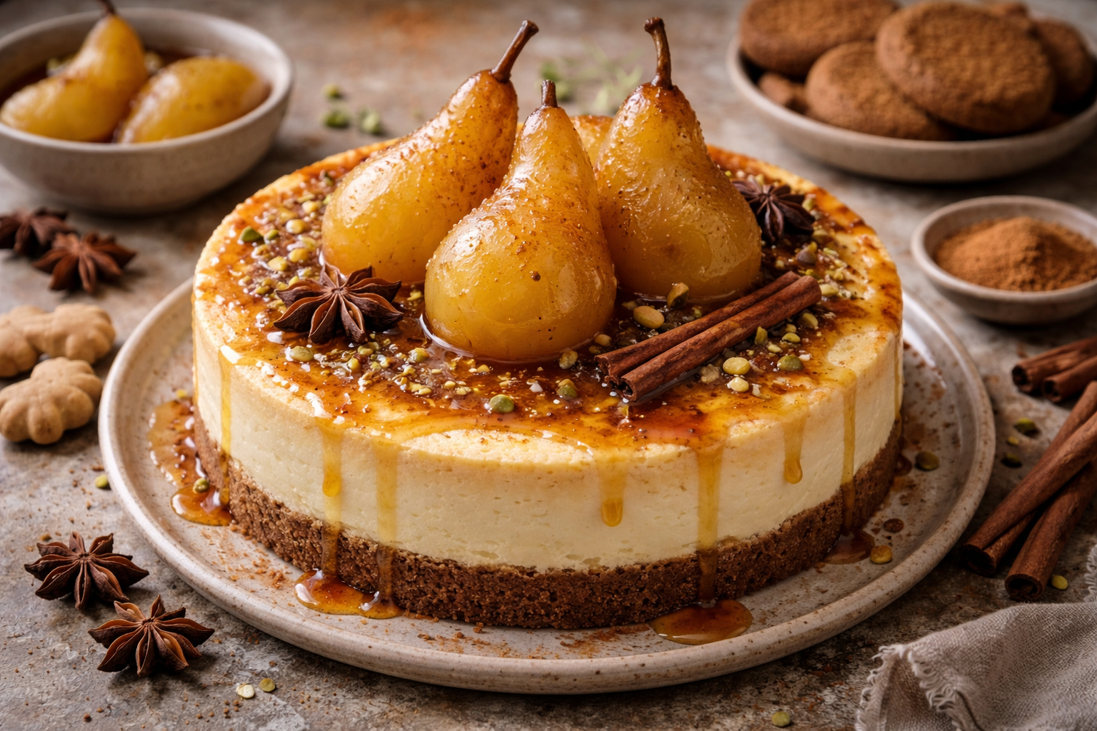 Cape Malay Spiced Baked Cheesecake with Ginger Biscuit Base and Poached Pears