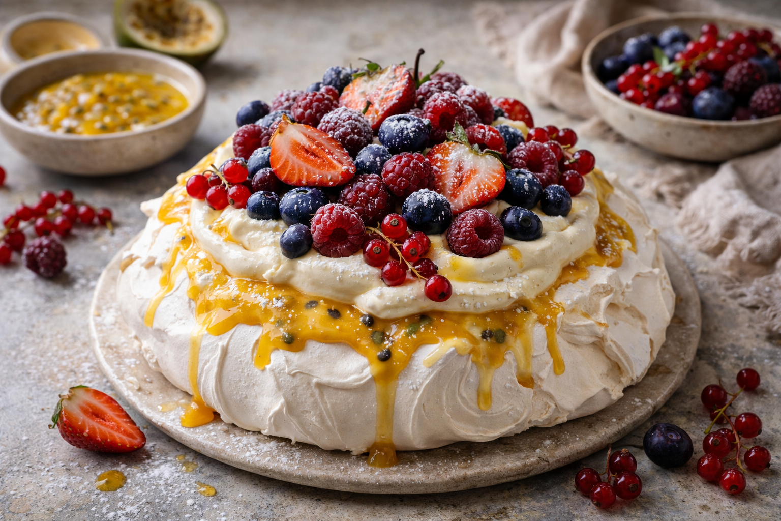 Pavlova with Granadilla Curd, Vanilla Bean Cream, and Fresh Cape Berries