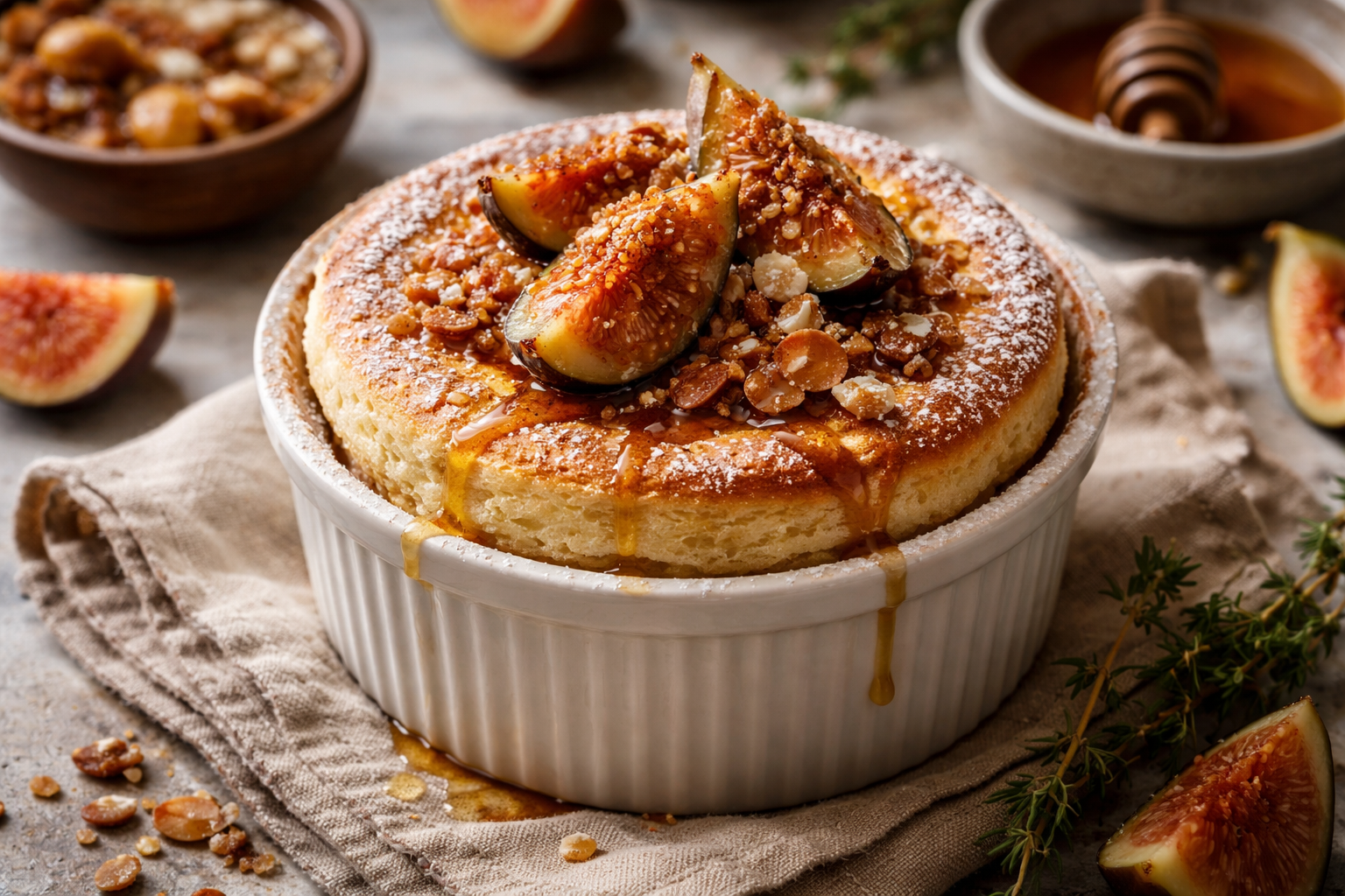 Warm Melktert Soufflé with Honeyed Figs and Toasted Almond Praline