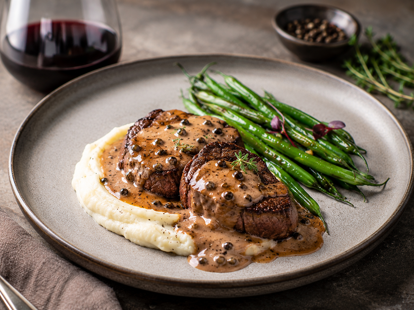Kudu Fillet Steaks with Black Peppercorn Brandy Cream, Truffle Mash and Glazed Green Beans