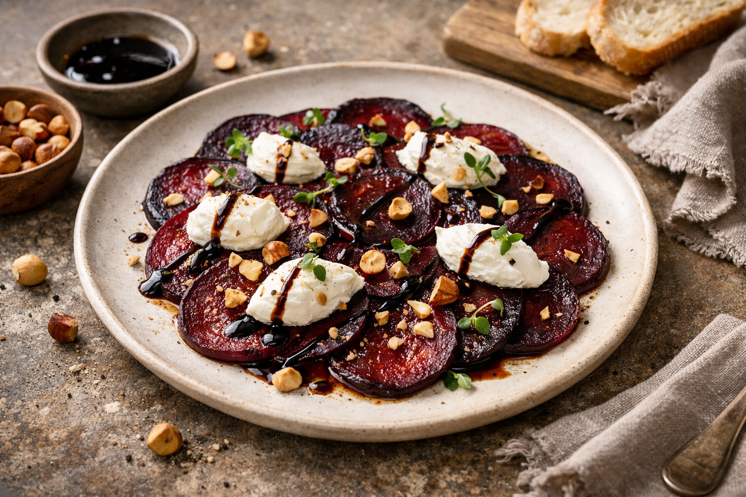 Roasted Beetroot Carpaccio with Whipped Goat Cheese, Toasted Hazelnuts and Balsamic Reduction