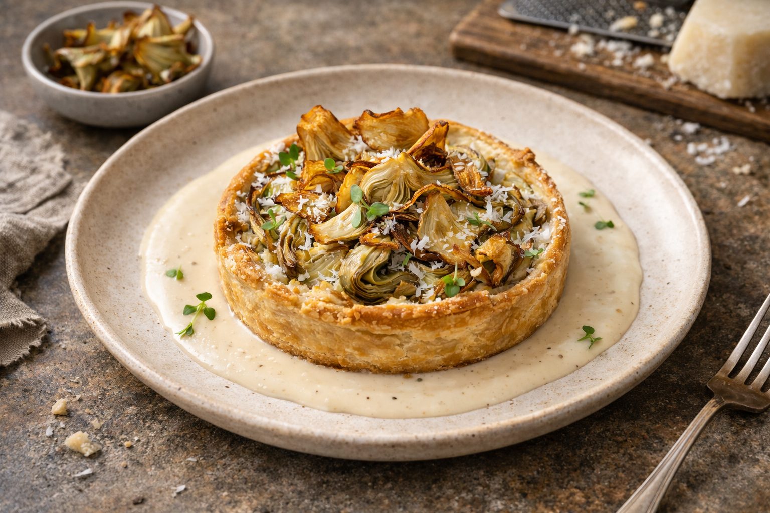 Artichoke and Pecorino Tart with Light Parmesan Fondue and Artichoke Chips
