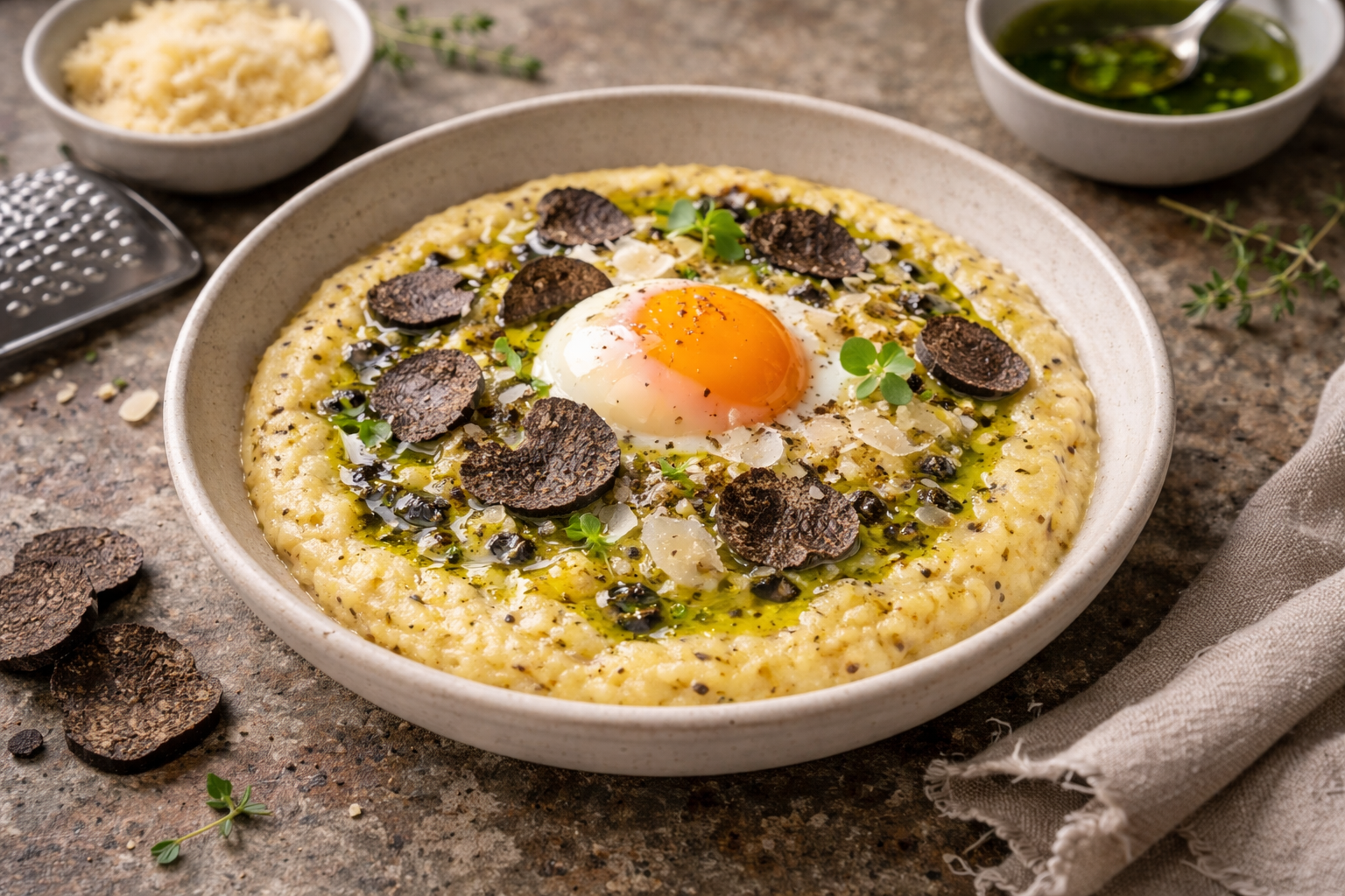 Soft Black Truffle Polenta with Slow-Cooked Egg, Parmigiano Reggiano, and Herb Oil