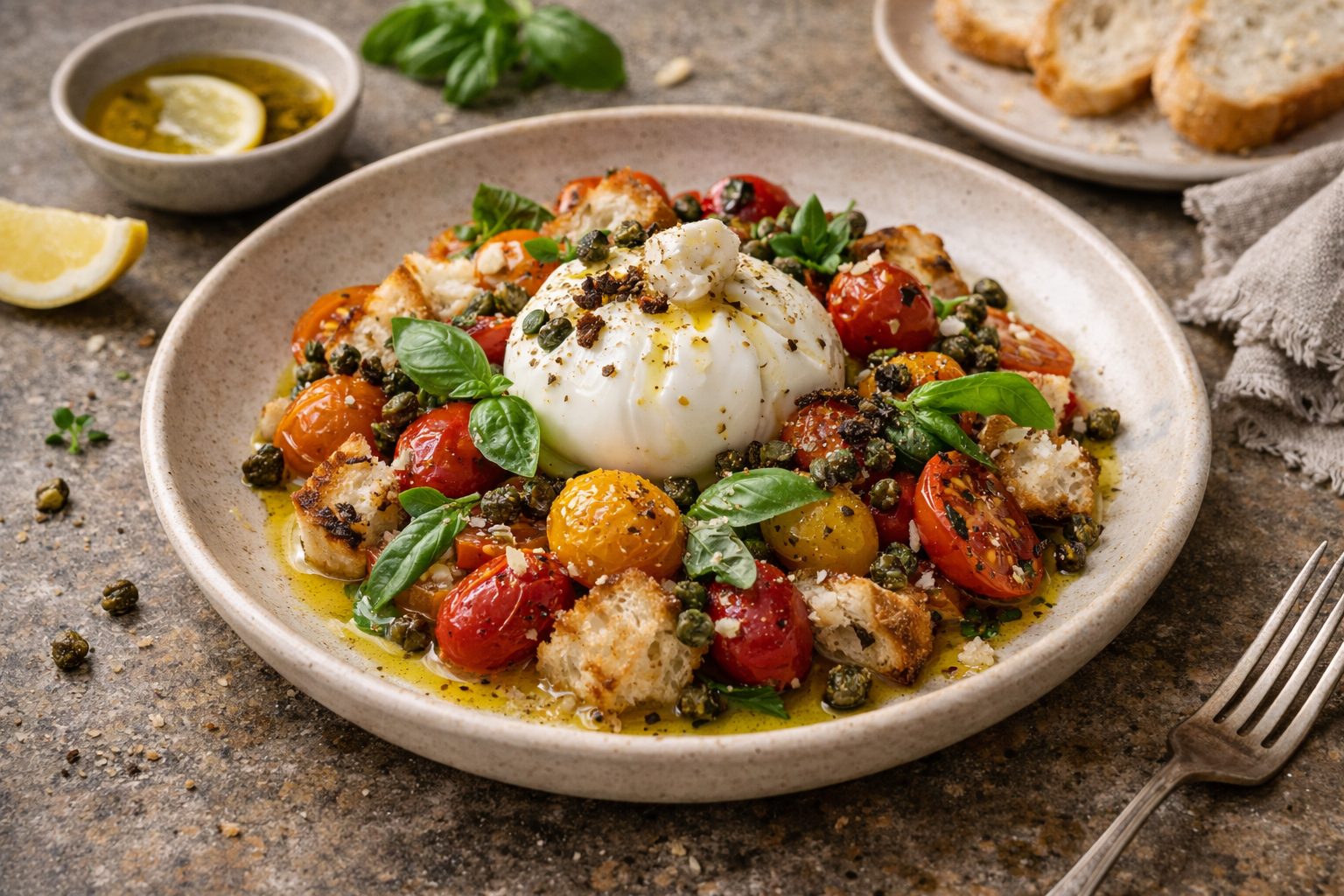 Refined Panzanella with Confit Tomatoes, Burrata, Basil, Fried Capers and Lemon Olive Oil
