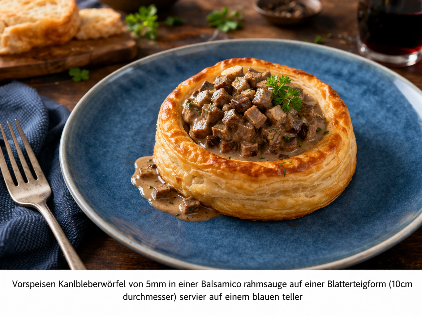 Diced calf's liver in balsamic cream sauce on a puff pastry tartlet