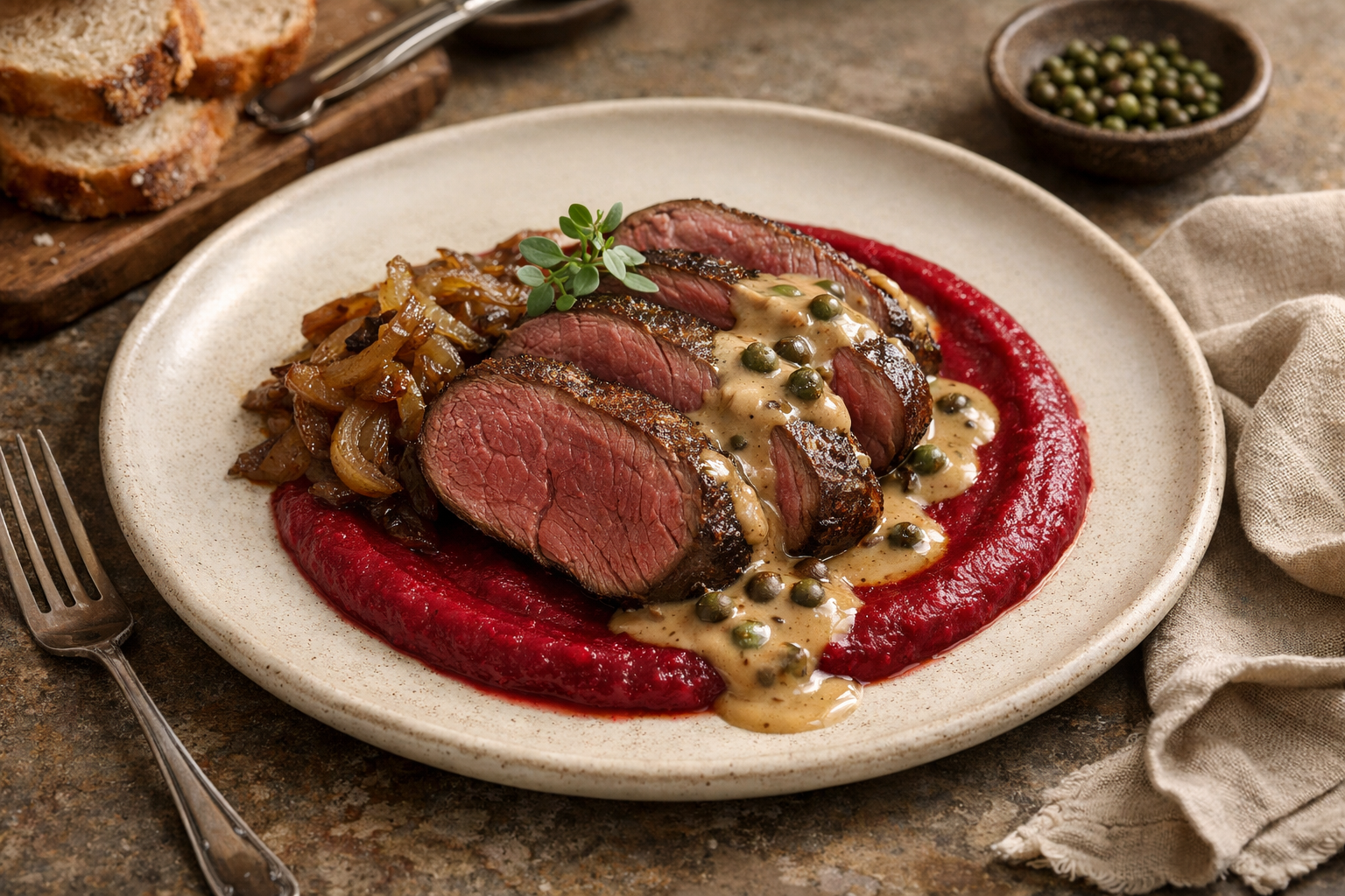 Grilled Springbok Loin with Beetroot Purée, Caramelised Onions and Peppercorn Brandy Sauce