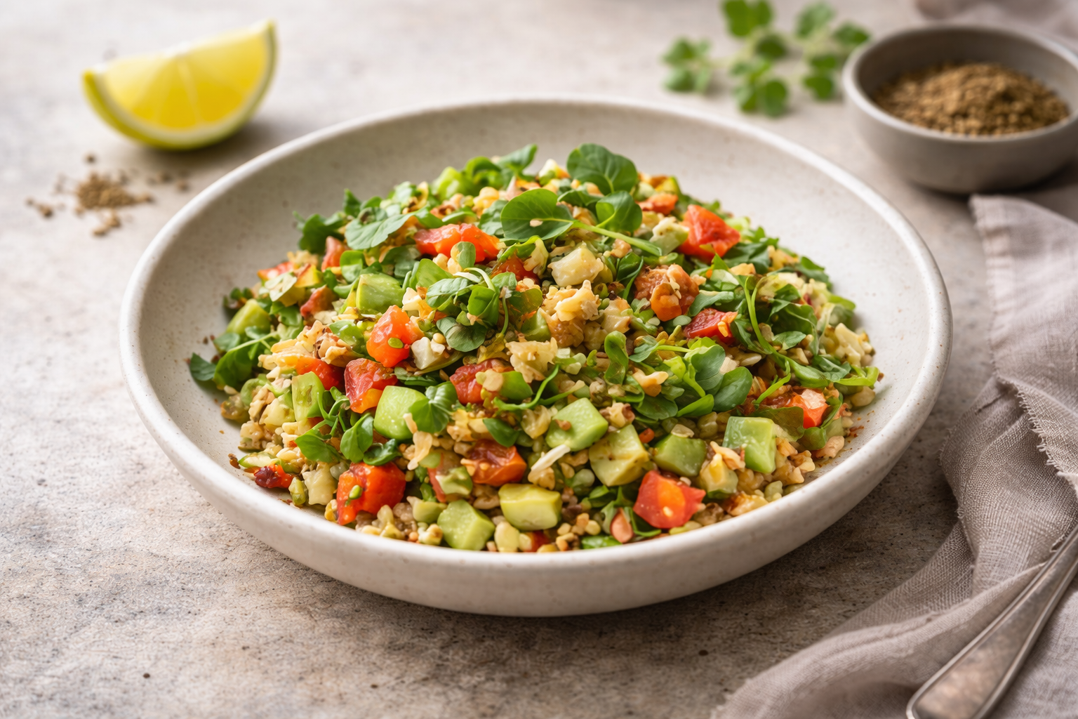 Watercress–Moong Sprout Chaat with Tomato, Cucumber, Lemon & Roasted Cumin