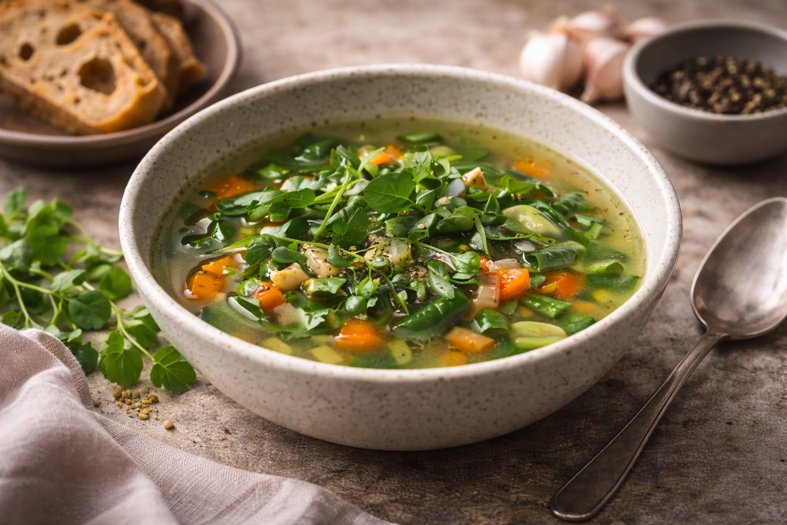 Watercress Mint Clear Soup with Carrots, Beans, Garlic and Black Pepper