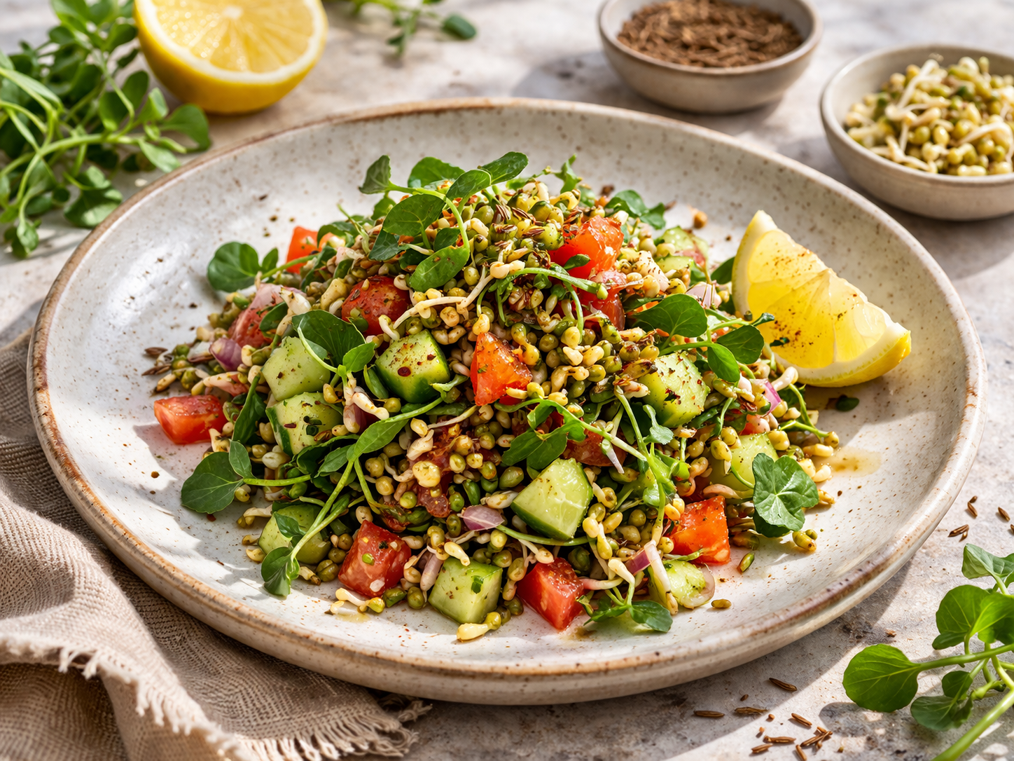 Watercress and Moong Sprout Chaat with Tomato, Cucumber, Lemon and Roasted Cumin