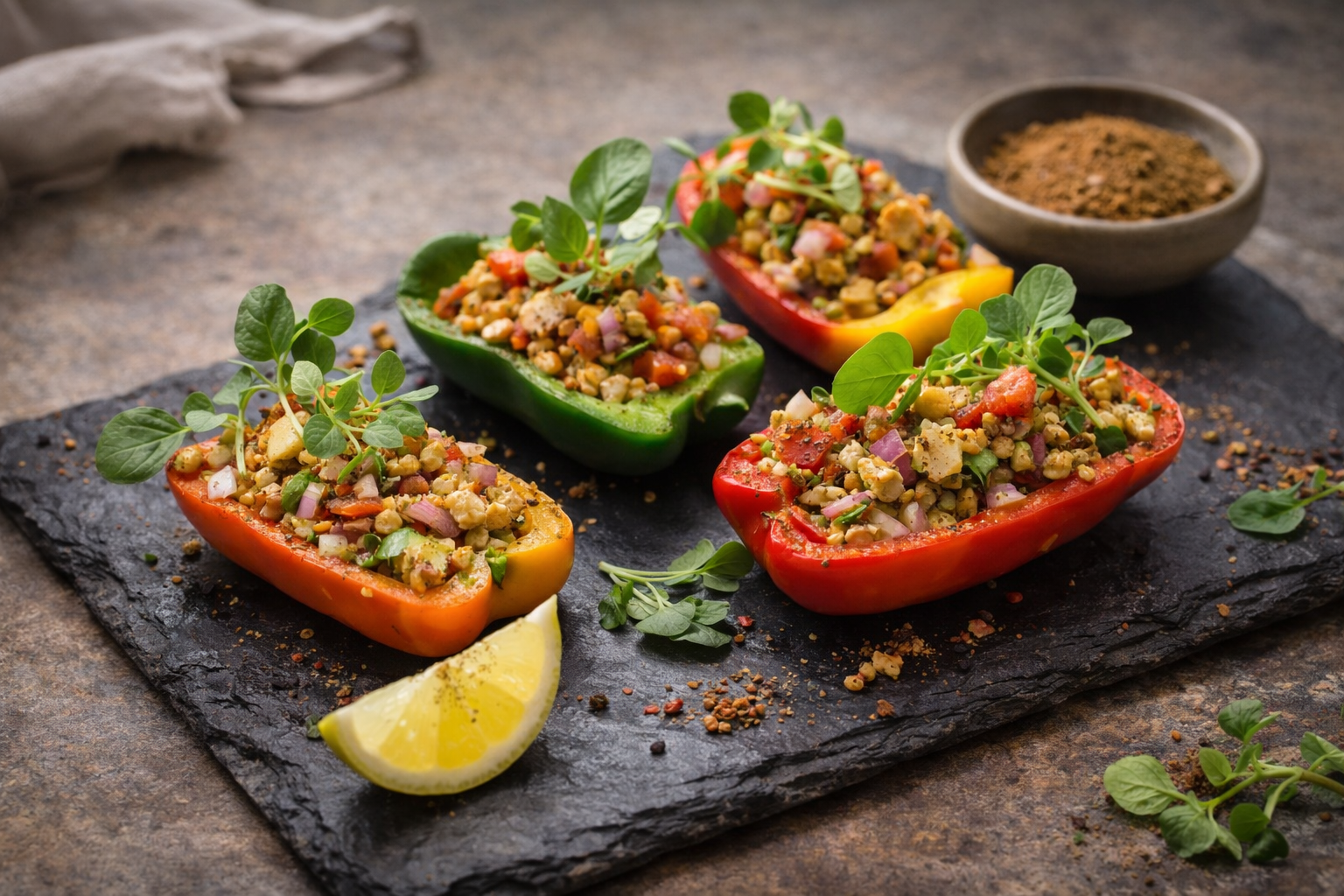 Watercress-Paneer (Low-Fat) Stuffed Mini Capsicum Boats with Onion, Tomato & Chaat Masala
