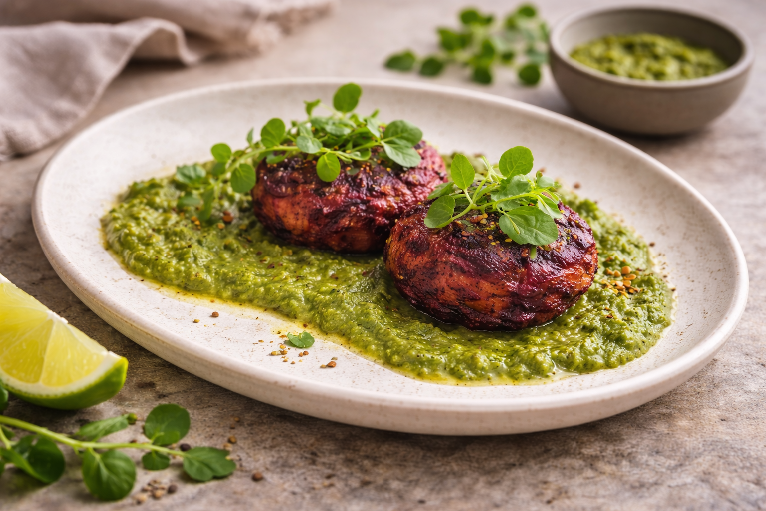 Watercress & Beetroot Tikki with Coriander-Lime Chutney (Shallow-Seared)