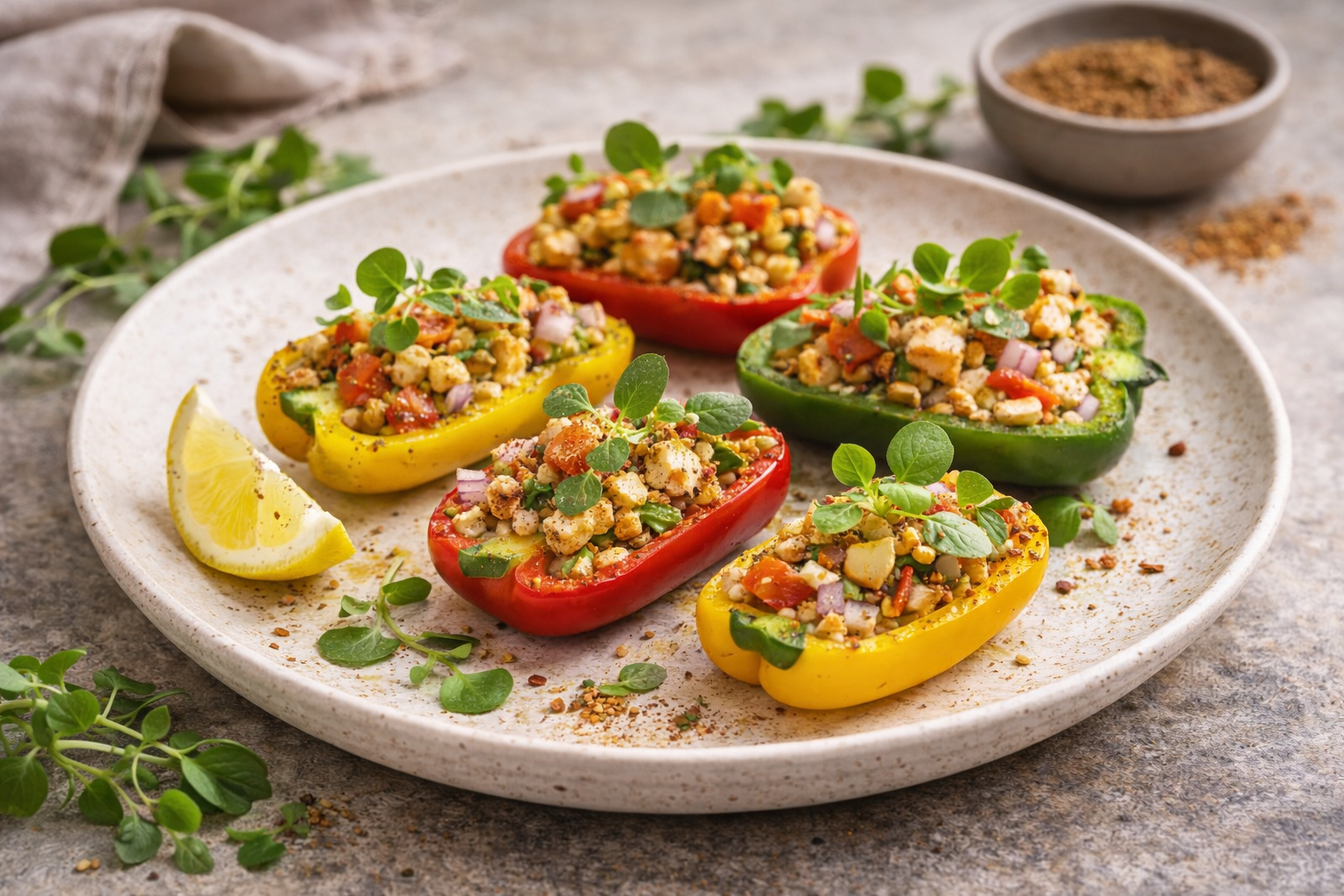 Watercress & Low-Fat Paneer Stuffed Mini Capsicum Boats with Onion, Tomato and Chaat Masala
