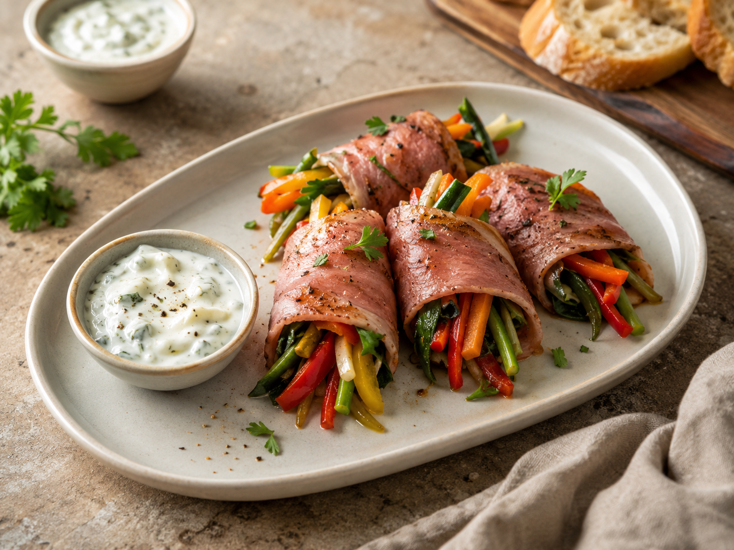 Ham-Wrapped Veg Stir-Fry Bundles with Garlic Yogurt