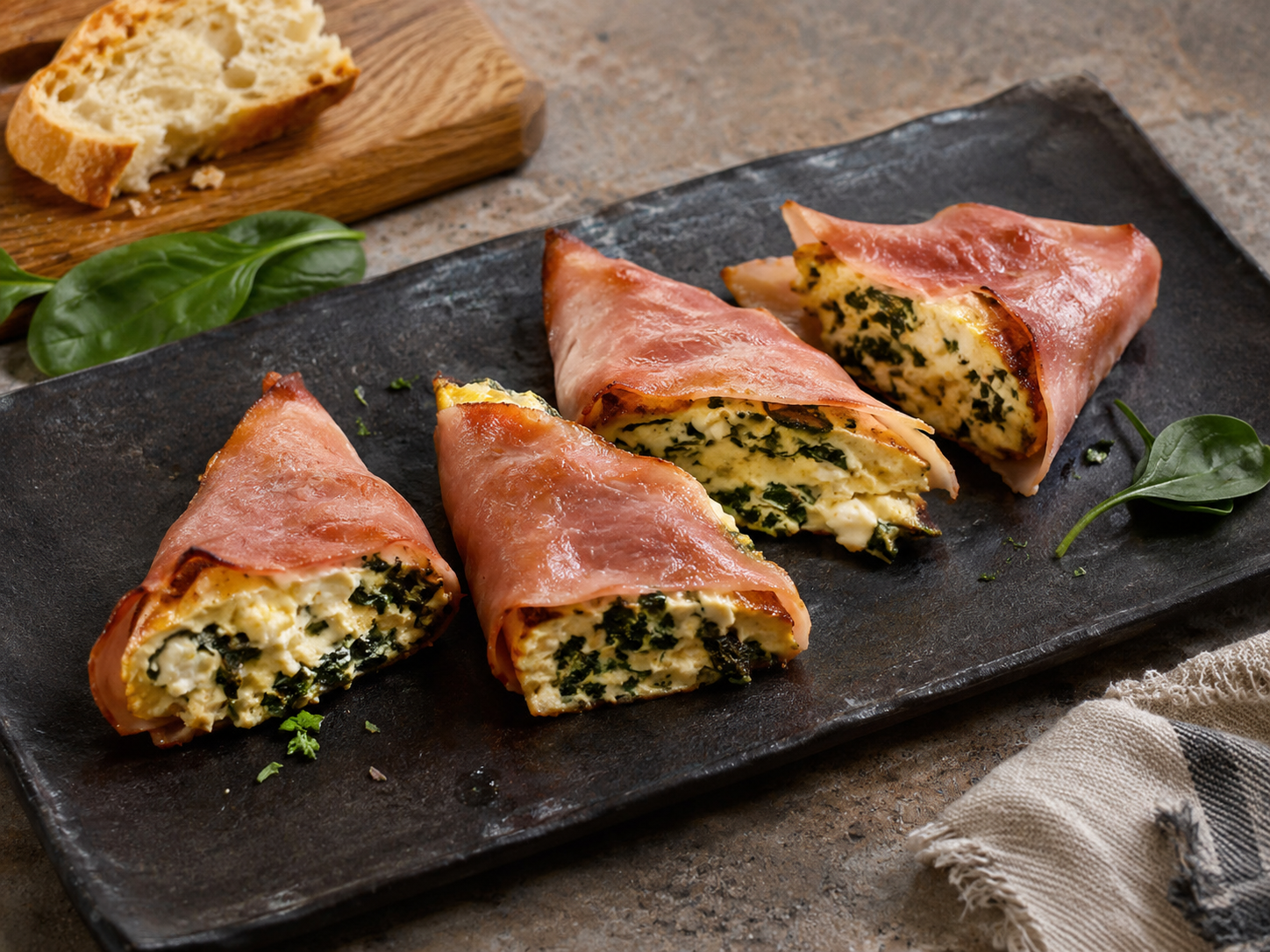Ham-Wrapped Spinach Cream Cheese Frittata Wedges