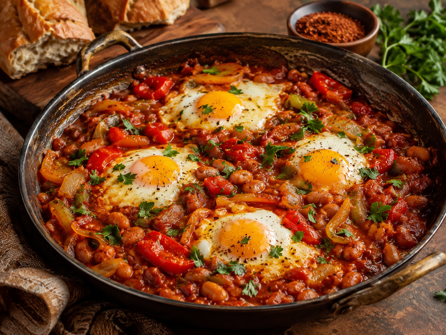 Chakalaka-Style Bean Skillet with Eggs