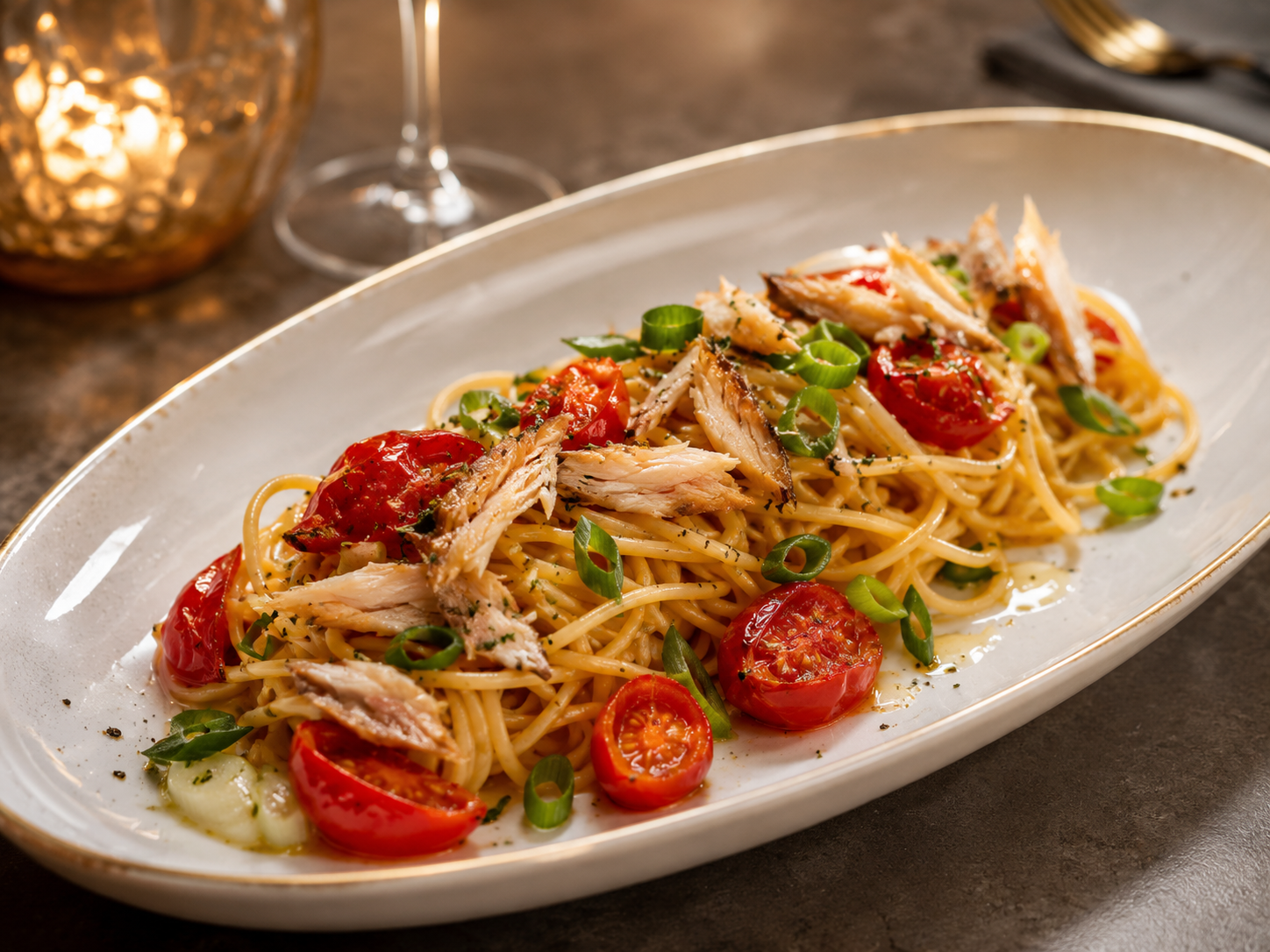 Smoked Fish Tomato Relish Spaghetti