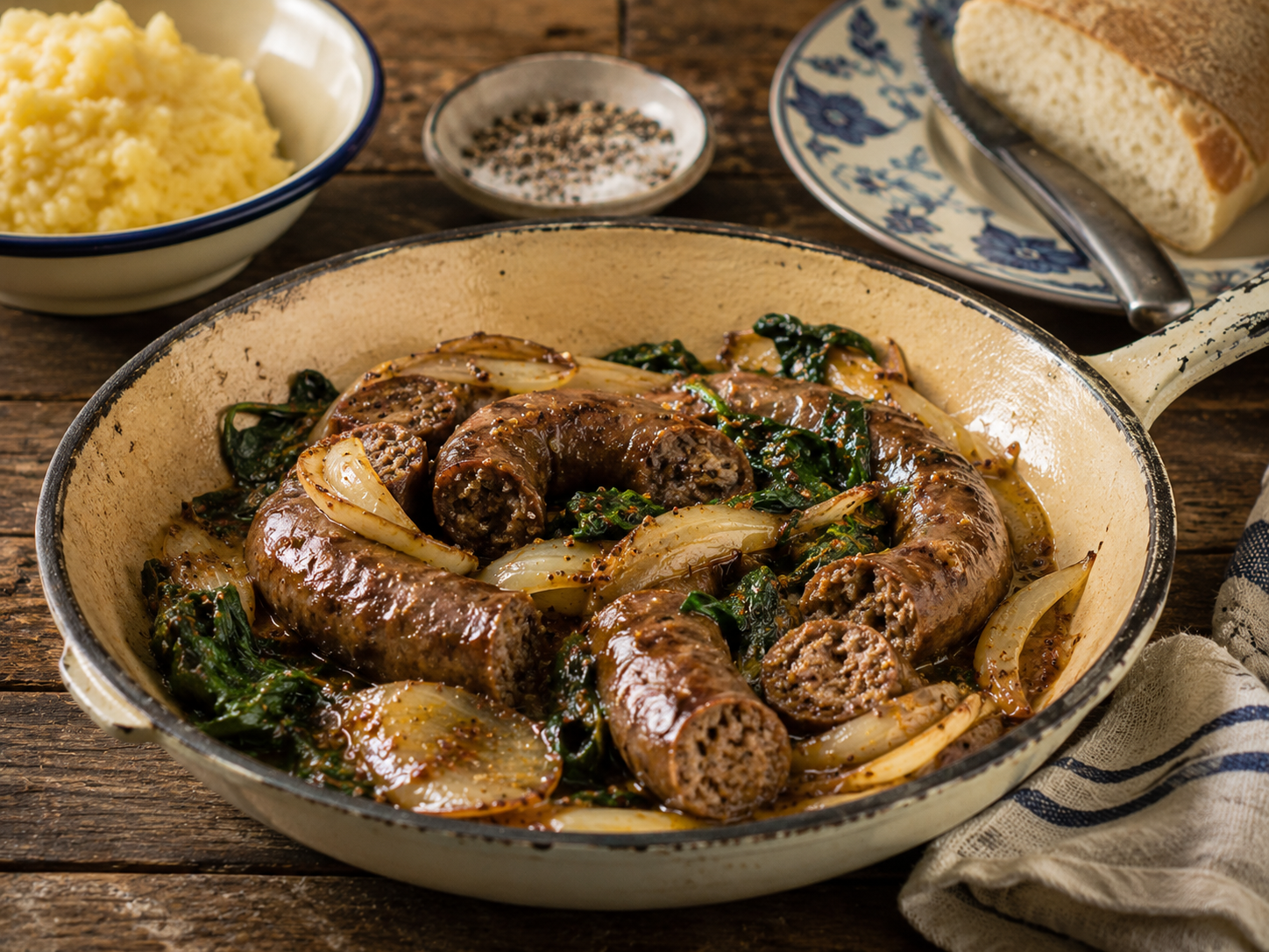Boerewors & Onion Skillet with Quick Mustard Pan Sauce