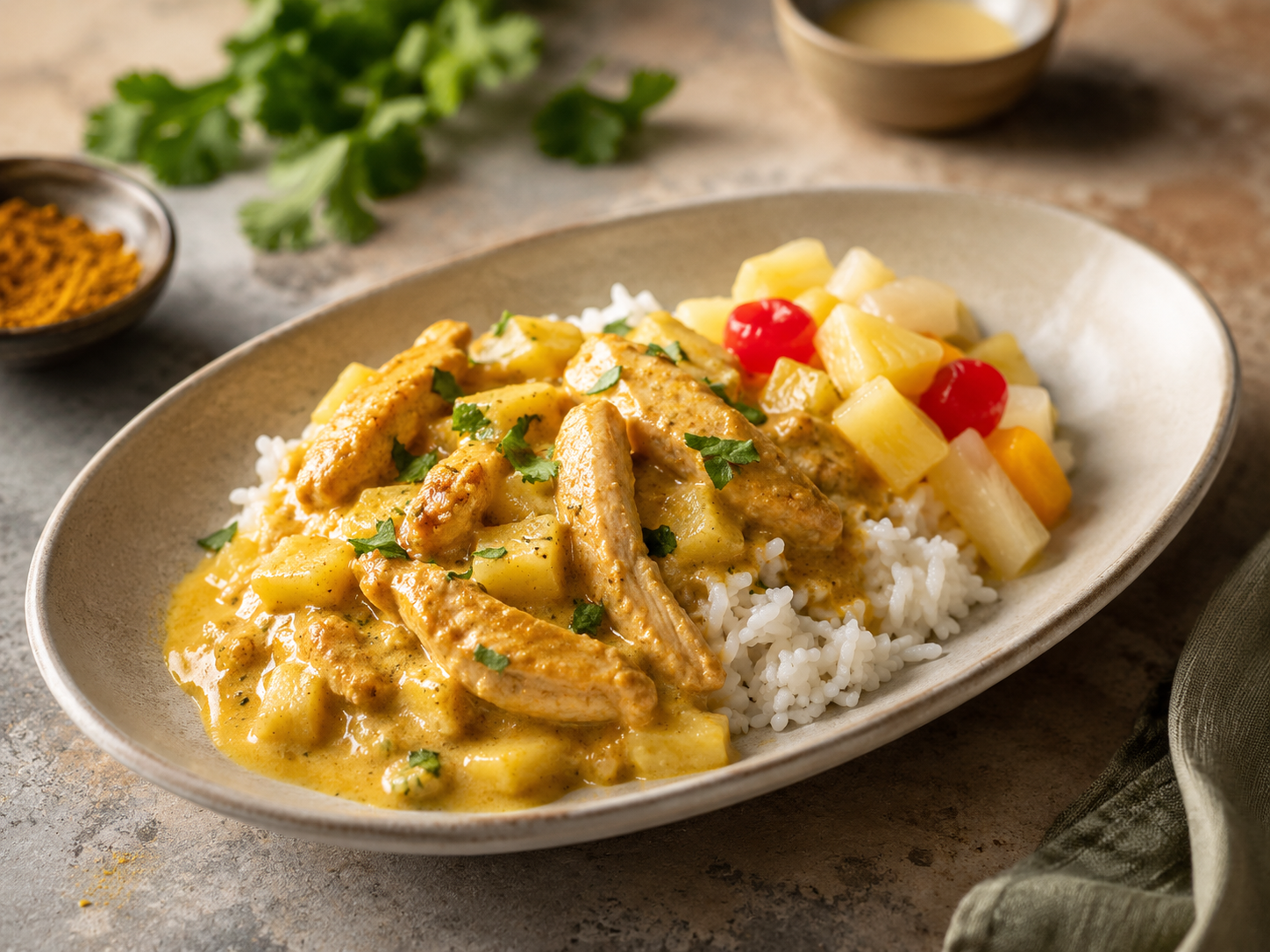 Pineapple-Curry Chicken over Rice (with Canned Fruit Salad)