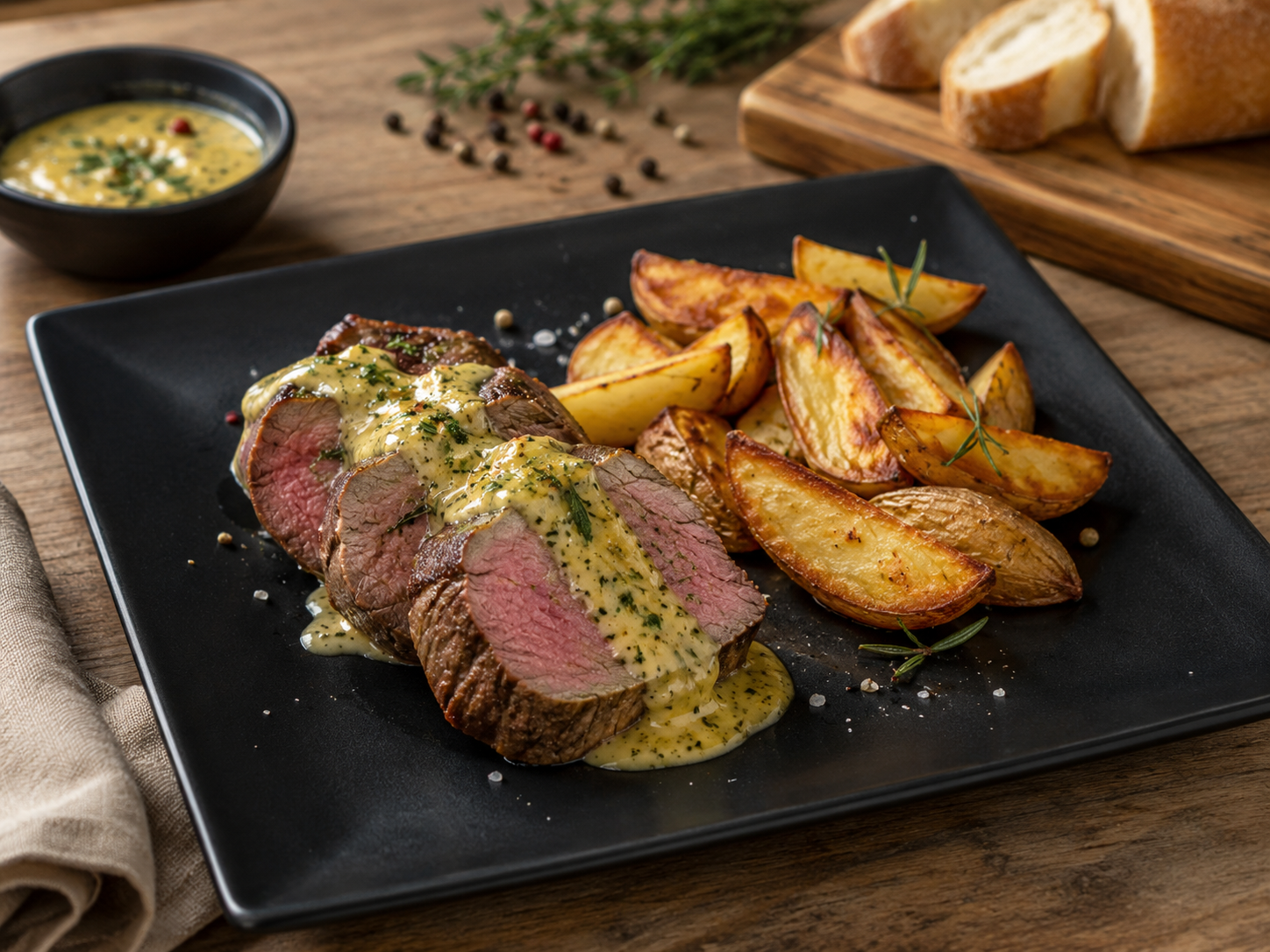Warm Roast Beef Fillet with Café de Paris Sauce and Oven Chips