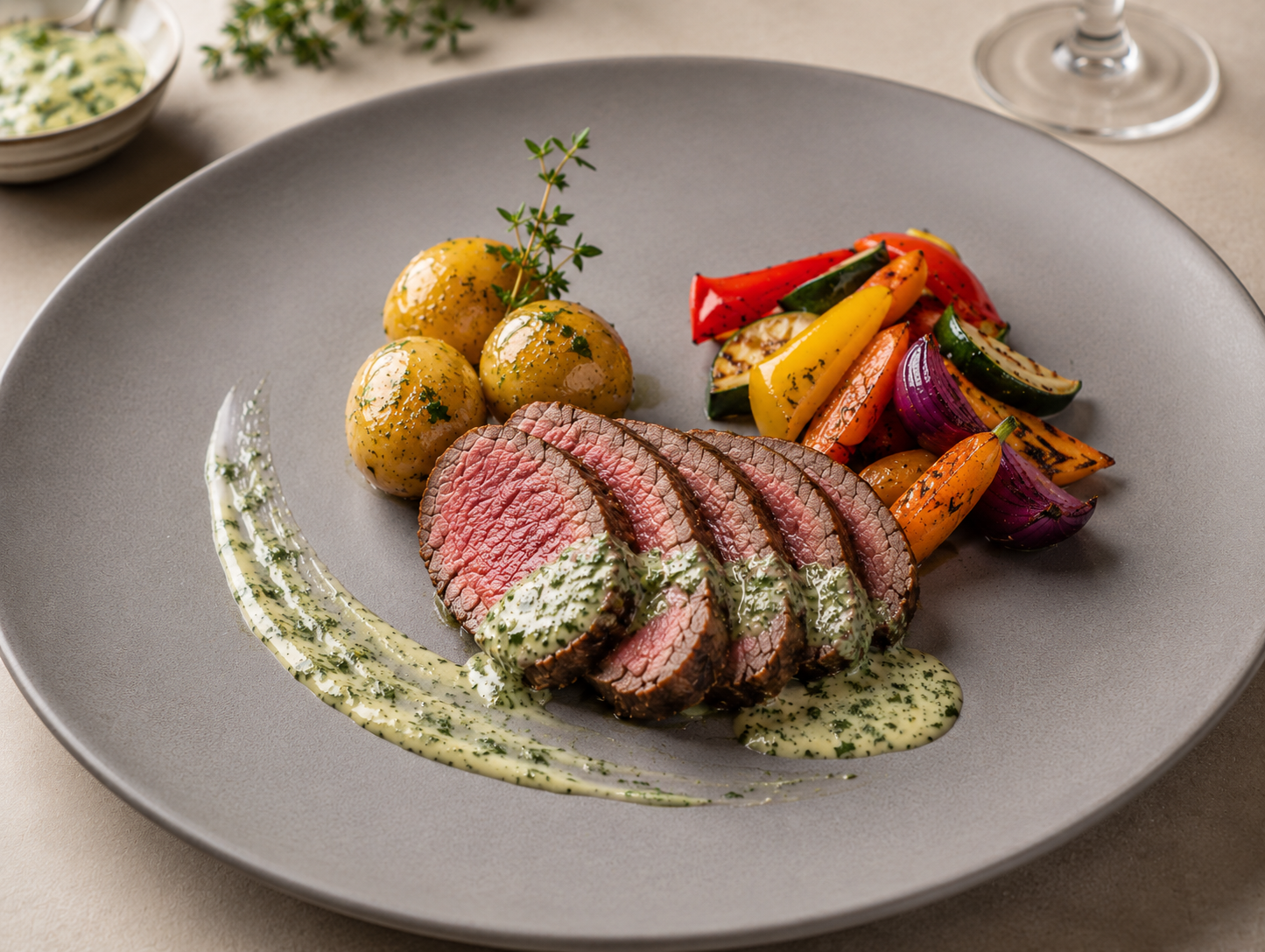 Macadamia-Seared Roast Beef Fillet with Swiss Herb Sauce, Roasted Seasonal Vegetables and New Potatoes