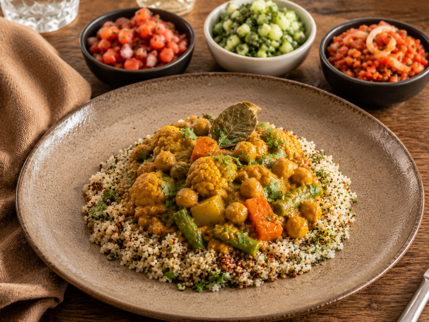 Cape Malay Spiced Chickpea-and-Vegetable Quinoa Curry with Trio of Sambals