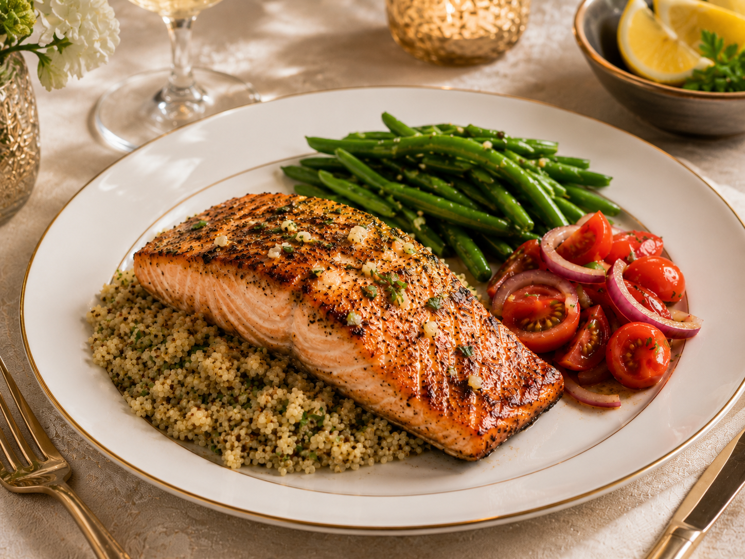 Grilled Cape Salmon with Lemon-Herb Quinoa, Steamed Green Beans & Tomato-Onion Salad