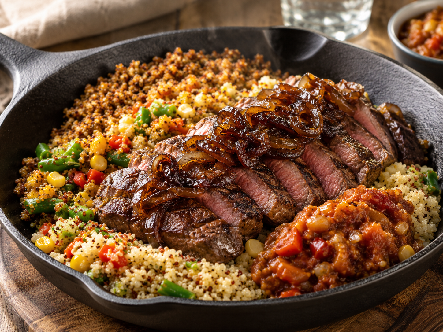 Sirloin Steak & Mixed Vegetable Quinoa Skillet with Caramelised Onions and Light Chakalaka