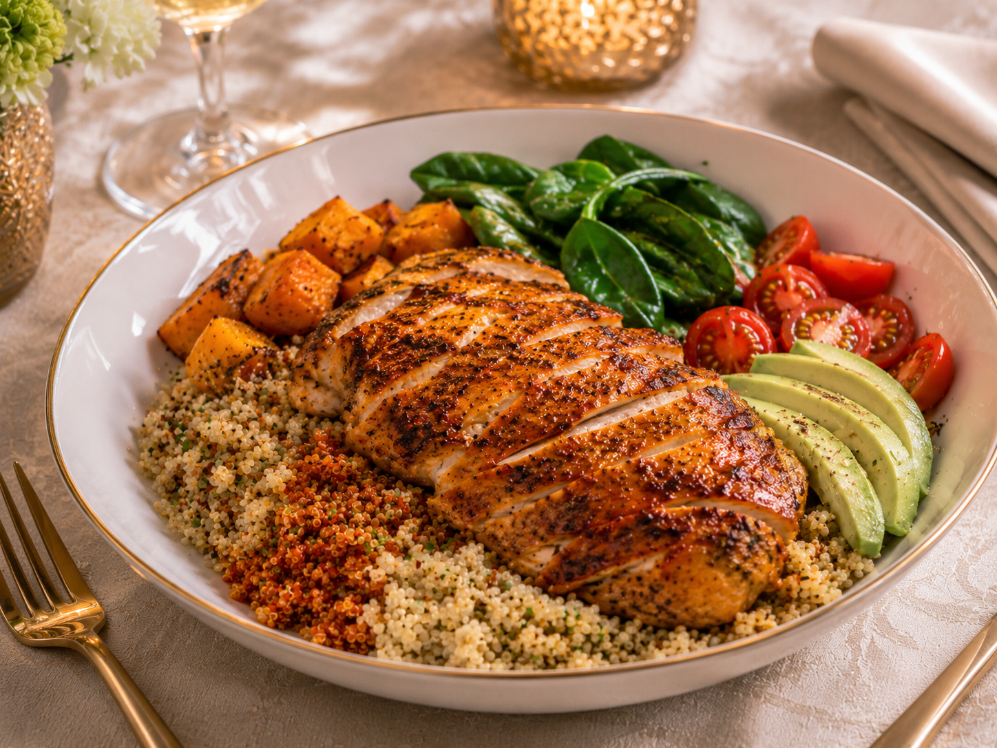 Peri-Peri Chicken Quinoa Bowls with Roasted Butternut, Spinach, Cherry Tomatoes & Avocado