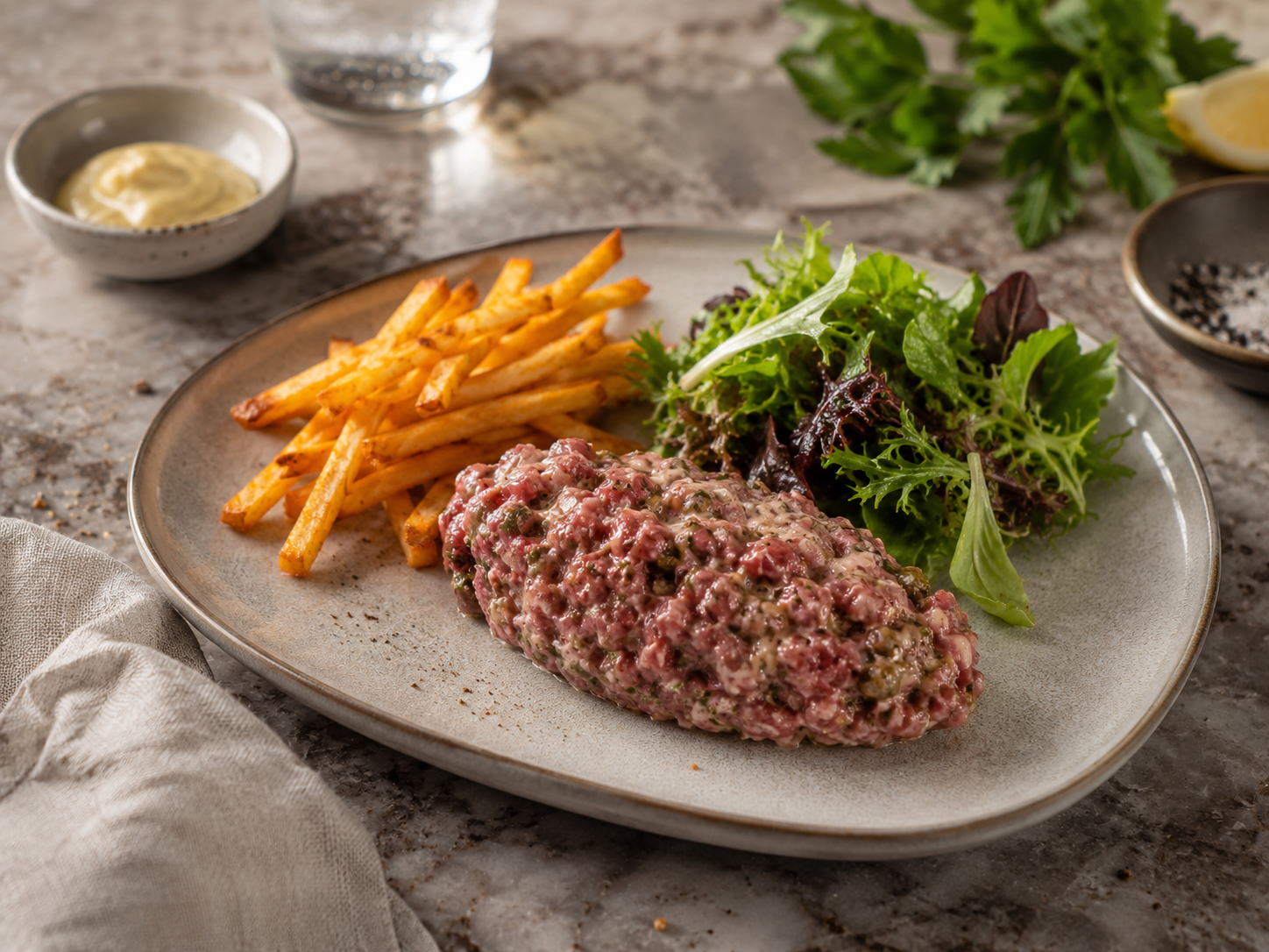 Lighter Steak Tartare with Oven Fries & Mixed Greens