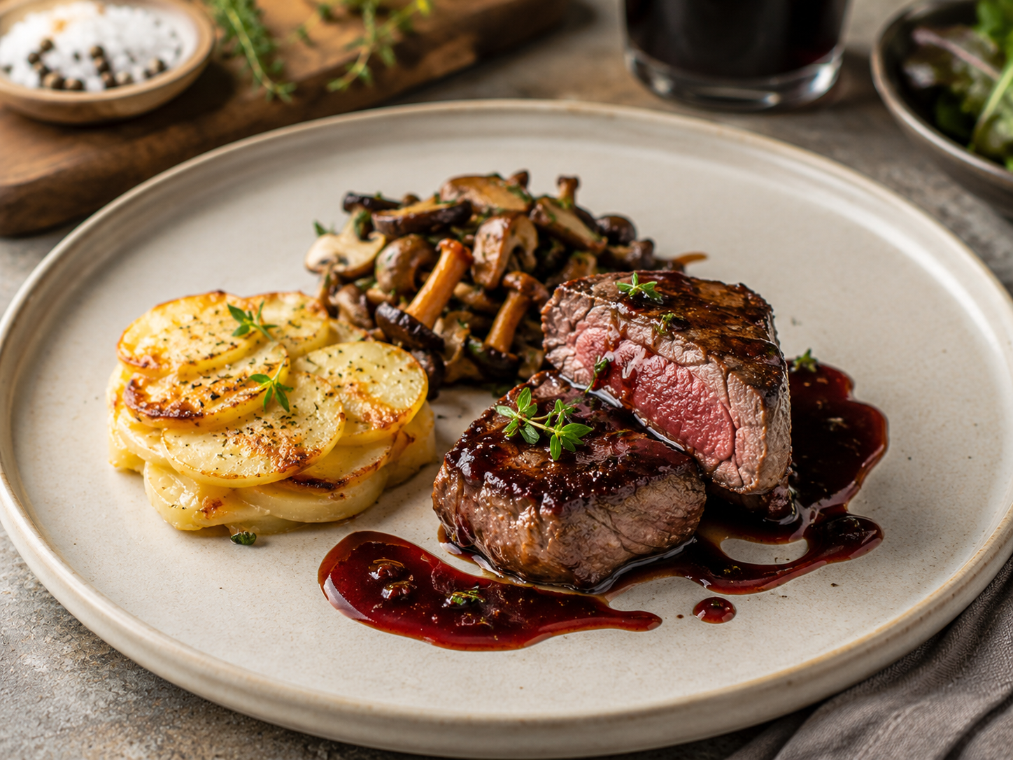 Venison Steak with Light Potato Gratin, Wild Mushrooms & Red Wine Reduction