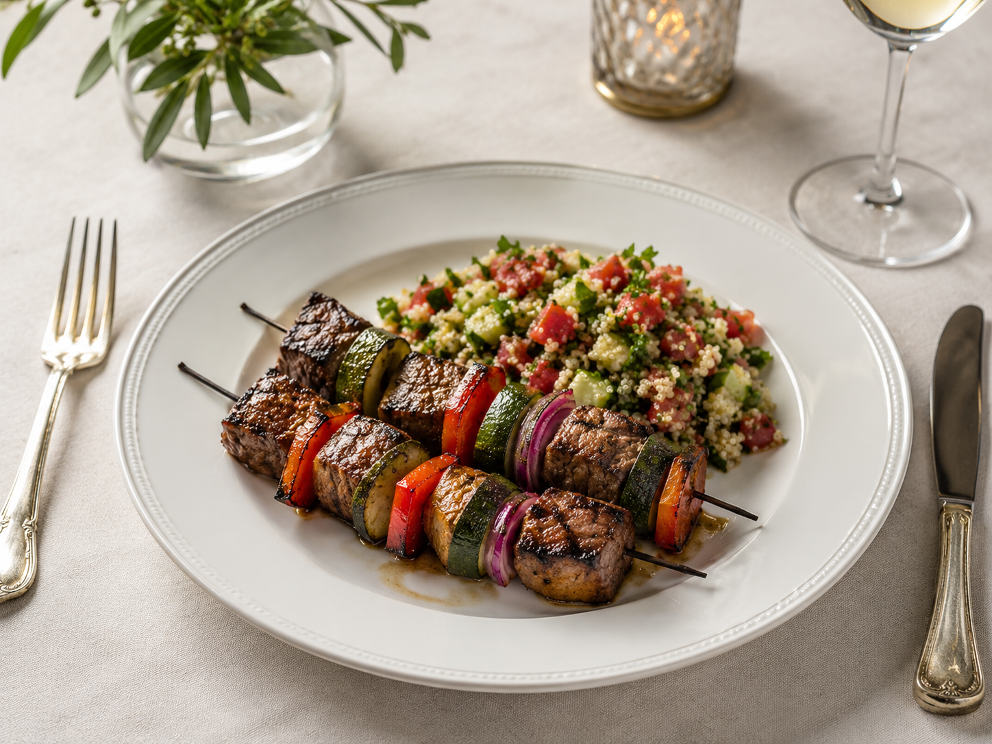Beef & Vegetable Kebabs with Quinoa Tabbouleh
