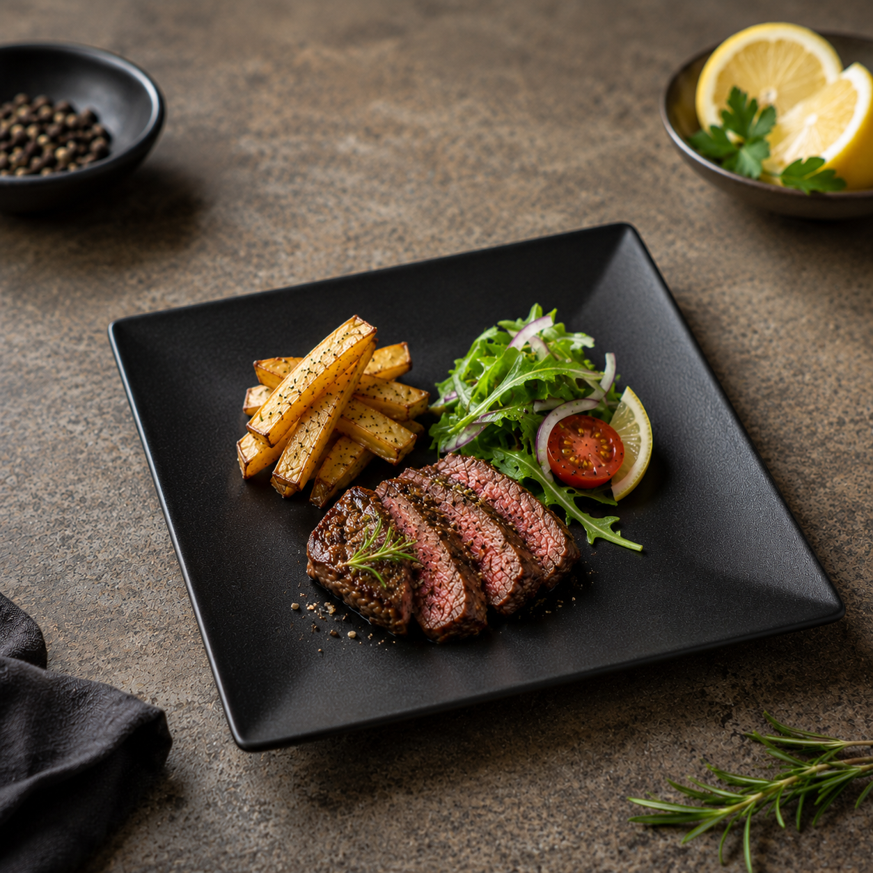 Steak with Oven-Baked Fries & Simple Green Salad